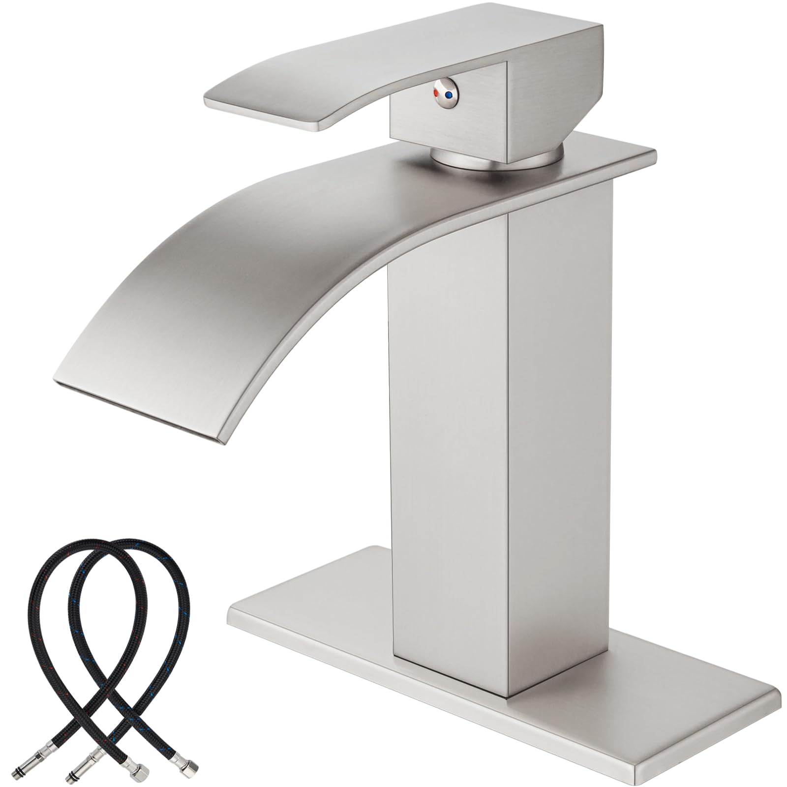 Midanya Waterfall Spout Bathroom Faucet Single Handle 1 Hole Bathroom Sink Faucet,Modern RV Lavatory Vanity Basin Faucet with 6 Inch Deck Plate for 1 or 3 Hole and Water Hose,Brushed Nickel