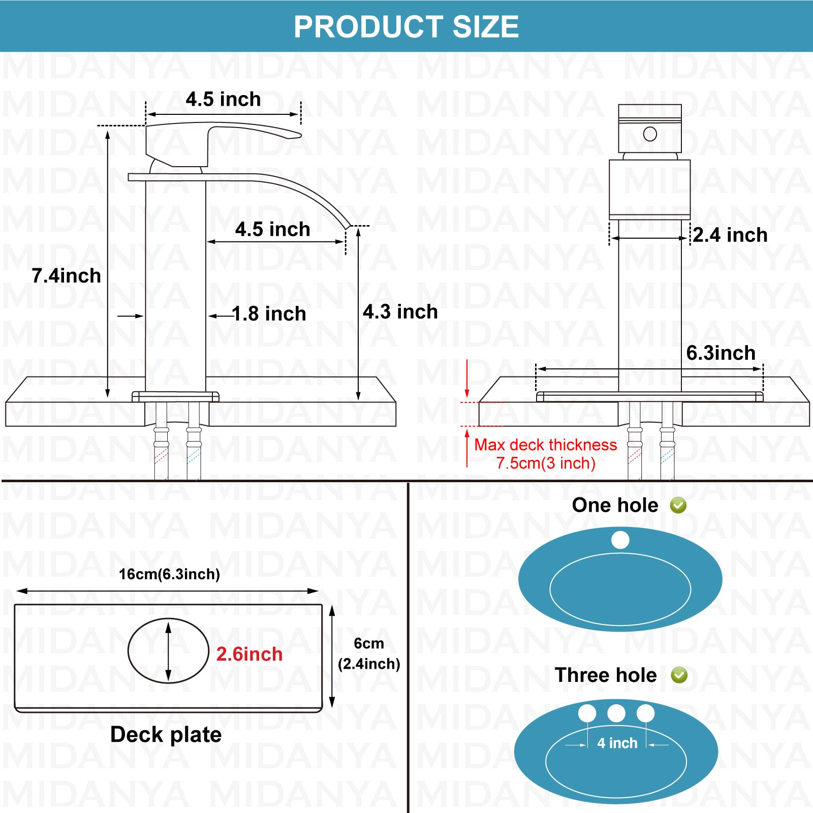 Midanya Waterfall Spout Bathroom Faucet Single Handle 1 Hole Bathroom Sink Faucet,Modern RV Lavatory Vanity Basin Faucet with 6 Inch Deck Plate for 1 or 3 Hole and Water Hose,Brushed Nickel