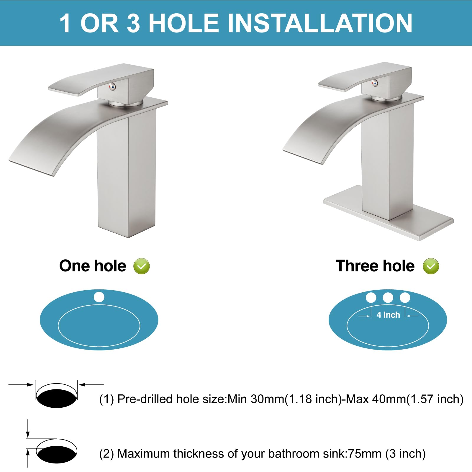 Midanya Waterfall Spout Bathroom Faucet Single Handle 1 Hole Bathroom Sink Faucet,Modern RV Lavatory Vanity Basin Faucet with 6 Inch Deck Plate for 1 or 3 Hole and Water Hose,Brushed Nickel