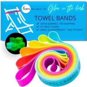 towel bands (6-pack), beach pool & cruise chairs, extra durable, no snapping, cruise ship & beach essentials, great alternative to beach towel clips (3 regular + 3 glow in the dark)
