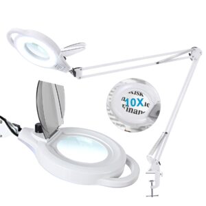 10x desk magnifying glass with light and clamp, nueyio 2,200 lumen super bright stepless dimming led lighted magnifier, 8-diopter real glass lens, adjustable arm magnifying lamp for craft repair-white