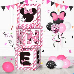 pink mouse girl 1st birthday party decorations balloon boxes, 3pcs pink mouse theme one years old birthday balloon boxes,for girl first birthday party decorations supplies