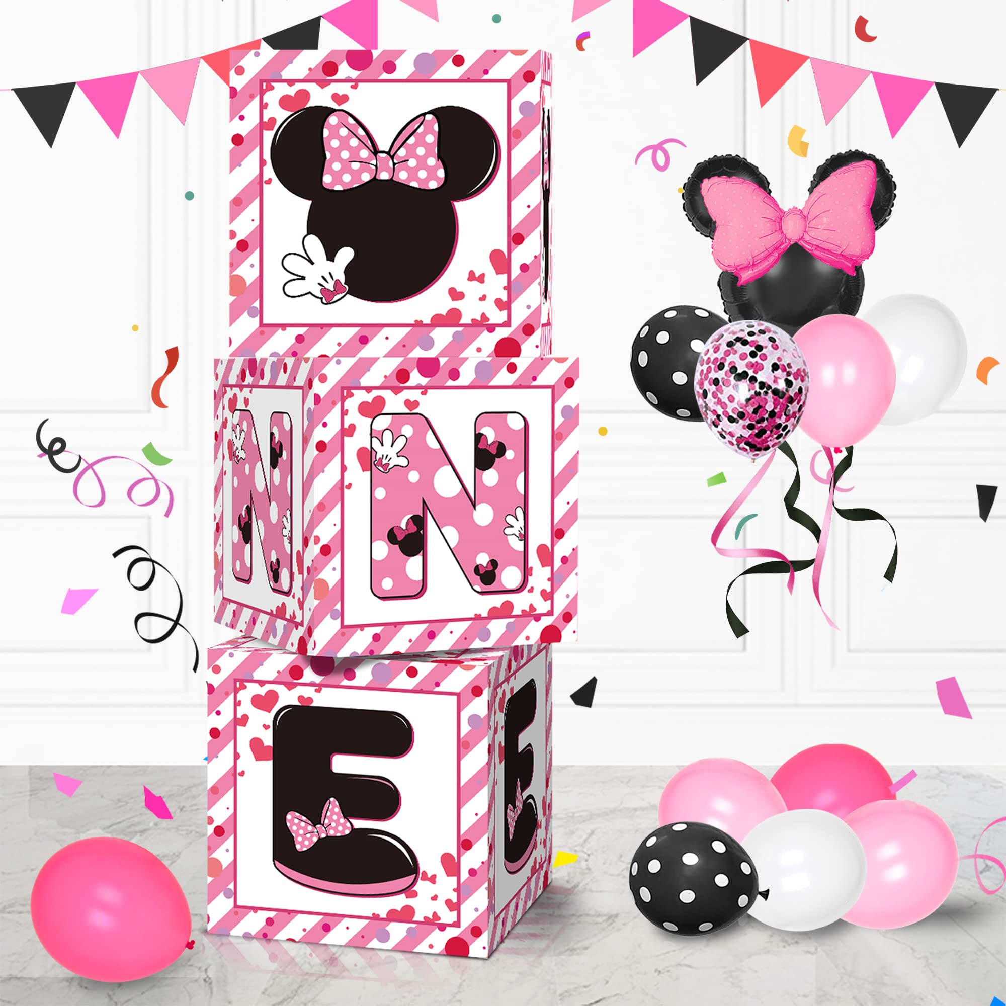 Pink Mouse Girl 1st Birthday Party Decorations Balloon Boxes, 3pcs Pink Mouse Theme One Years Old Birthday Balloon Boxes,for Girl First Birthday Party Decorations Supplies