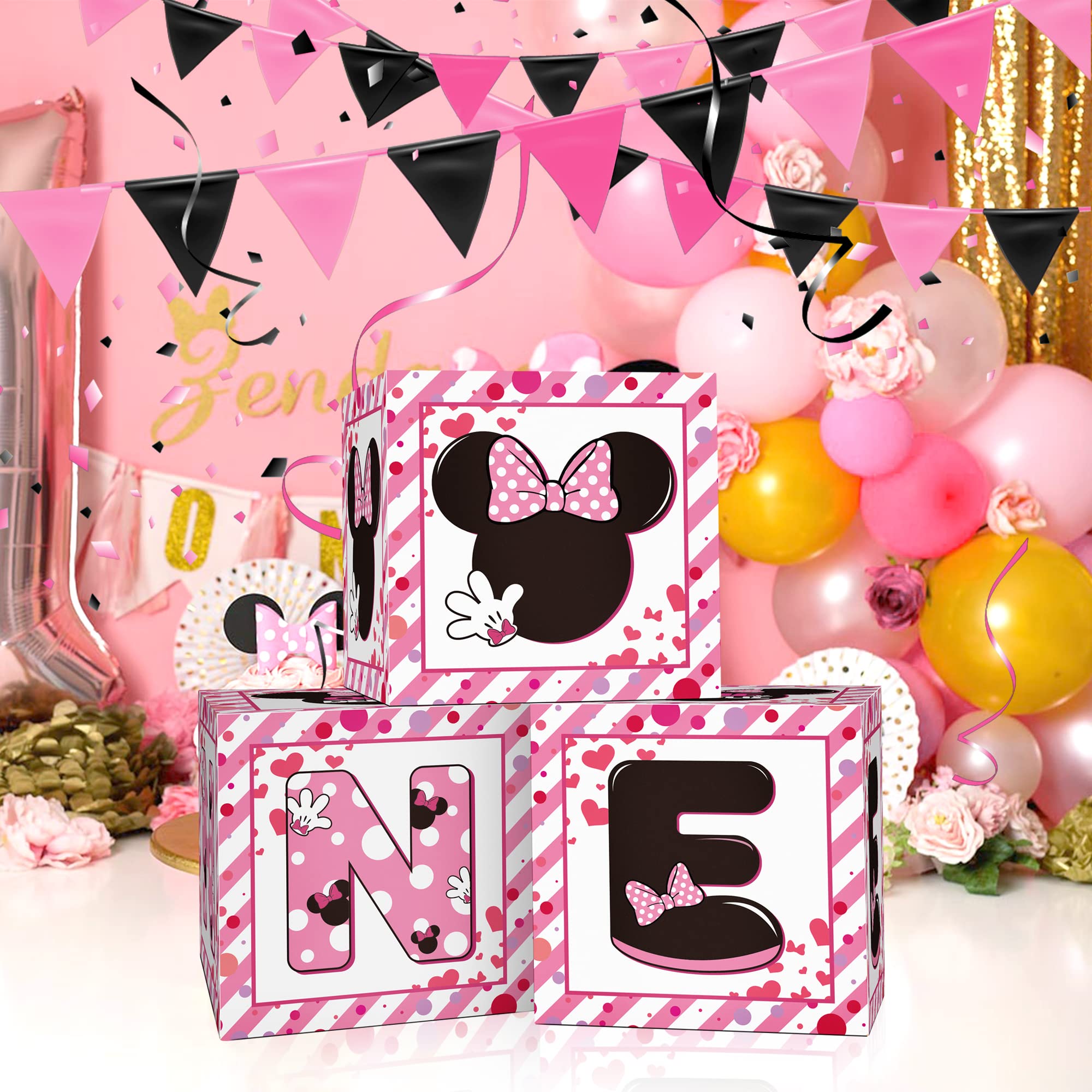 Pink Mouse Girl 1st Birthday Party Decorations Balloon Boxes, 3pcs Pink Mouse Theme One Years Old Birthday Balloon Boxes,for Girl First Birthday Party Decorations Supplies