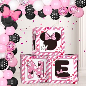 Pink Mouse Girl 1st Birthday Party Decorations Balloon Boxes, 3pcs Pink Mouse Theme One Years Old Birthday Balloon Boxes,for Girl First Birthday Party Decorations Supplies