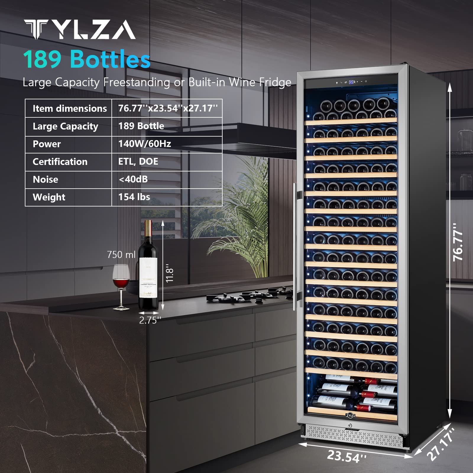 TYLZA Wine Fridge 24 Inch, 189 Bottles Large Wine Cooler Refrigerator, Built-in or Freestanding Tall Wine Cooler with Upgraded Compressor, Low Noise, Fast Cooling and Intelligent Temperature Memory