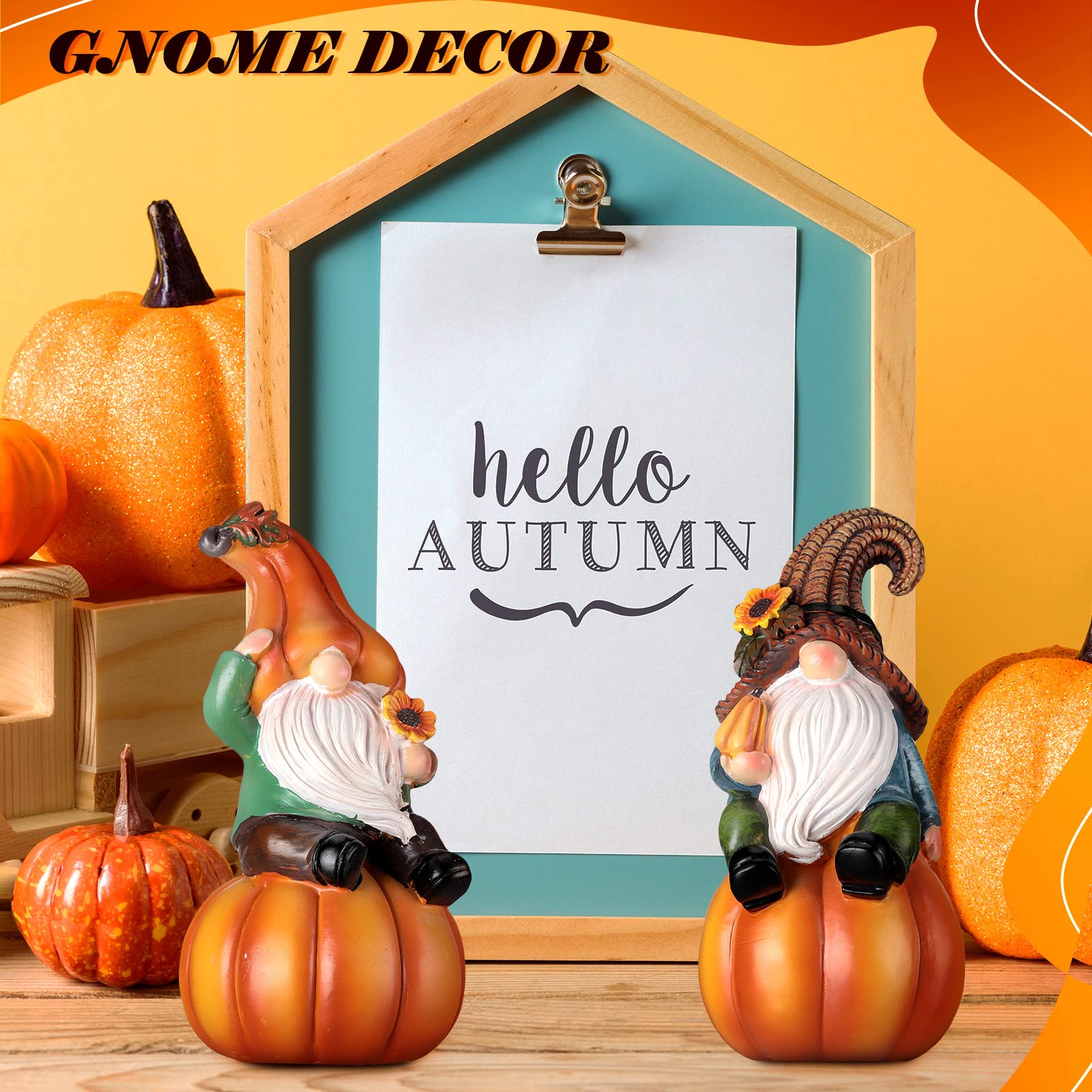 Jetec 2 Pcs Thanksgiving Pumpkin Gnome Figurines Fall Gnome Statue Resin Pumpkin Gnome Fall Tabletop Decoration for Fall Harvest Thanksgiving Indoor Outdoor Home Garden Yard Lawn Decor, 6.7 Inch