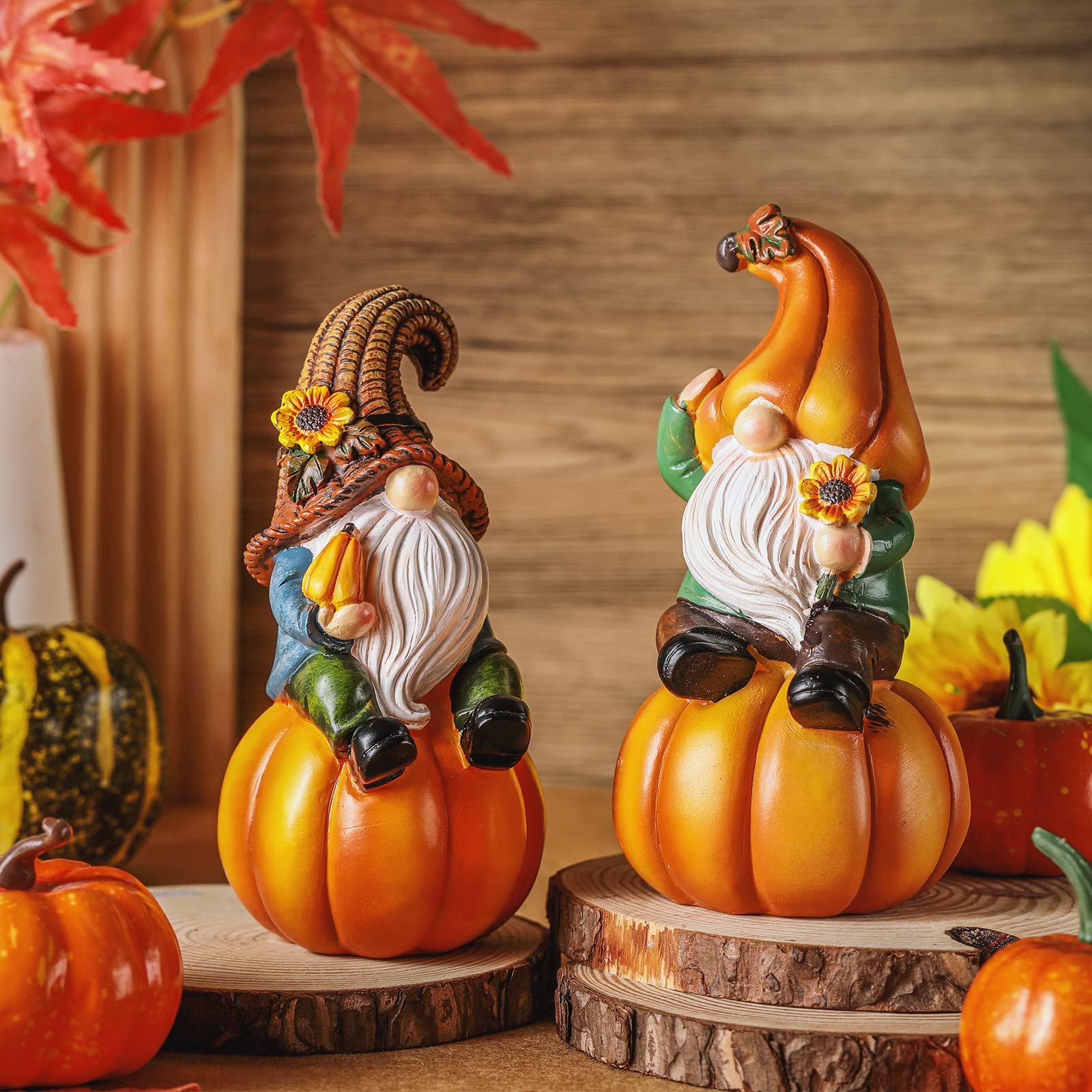 Jetec 2 Pcs Thanksgiving Pumpkin Gnome Figurines Fall Gnome Statue Resin Pumpkin Gnome Fall Tabletop Decoration for Fall Harvest Thanksgiving Indoor Outdoor Home Garden Yard Lawn Decor, 6.7 Inch