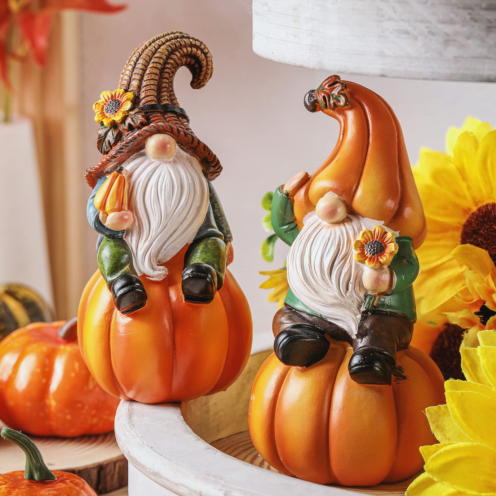 Jetec 2 Pcs Thanksgiving Pumpkin Gnome Figurines Fall Gnome Statue Resin Pumpkin Gnome Fall Tabletop Decoration for Fall Harvest Thanksgiving Indoor Outdoor Home Garden Yard Lawn Decor, 6.7 Inch