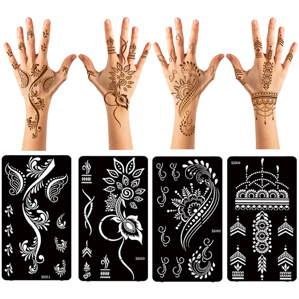 XMASIR 12 Sheets Henna Tattoo Stencils, Glitter Airbrush Hand Temporary Tattoo Stickers Indian Arabian Self Adhesive Tattoo Templates (S5-12P)