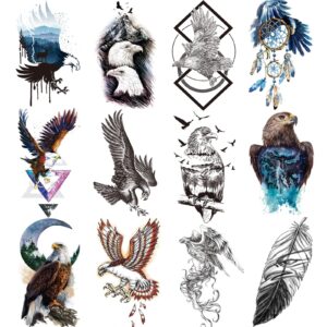ooopsiun 12 large sheets eagle temporary tattoos for men kids, cool waterproof body fake tattoo sticker for aldult 3d eagle large arm tattoos