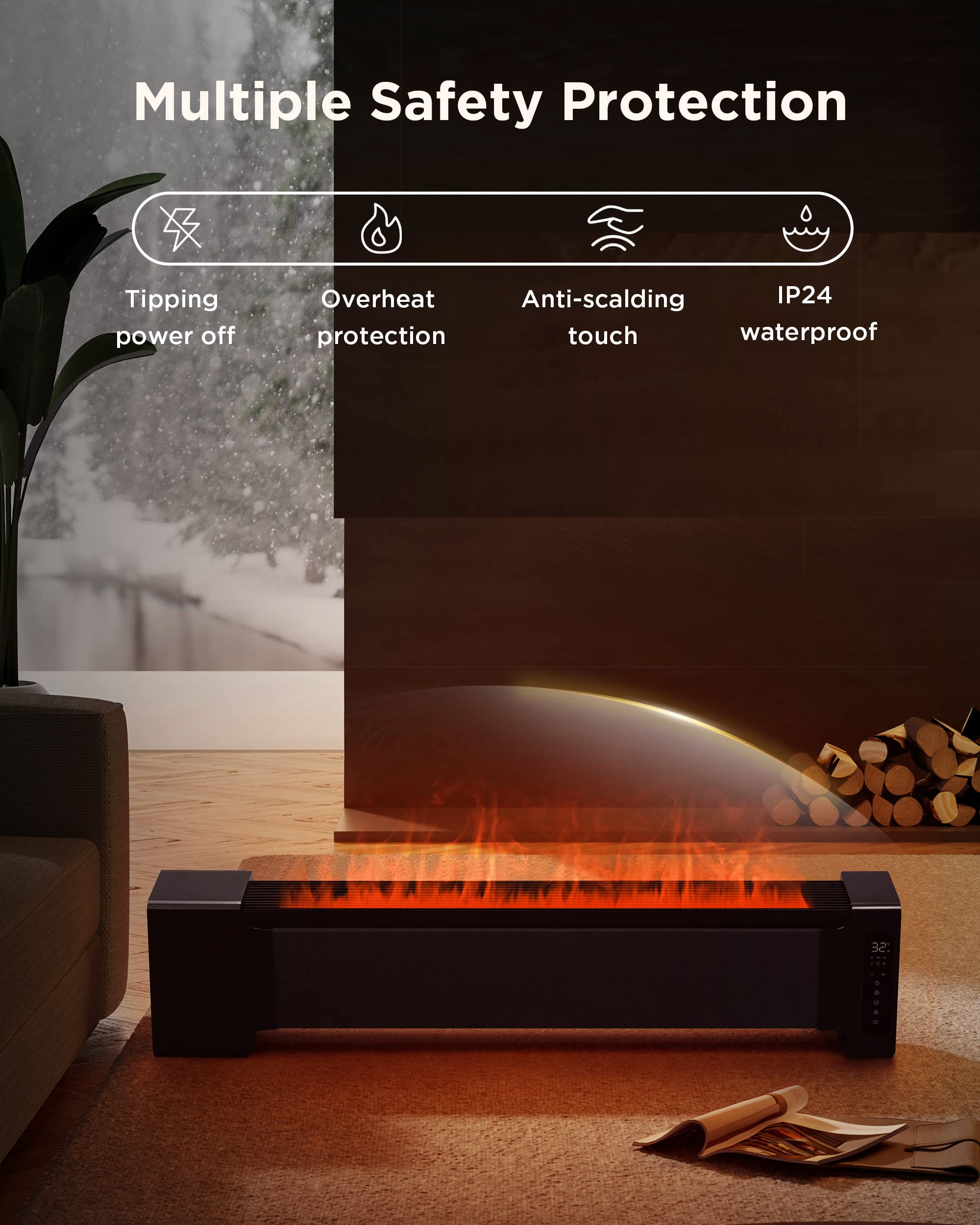 AIRMATE Electric Fireplace Heater 45"& Humidifier 2in1 with Remote, Silent 35dB Linear Fireplace Realistic Flame, Thin Indoor Fireplace Electric for the Living Room, 1200w LED Touch Control, 24H Timer