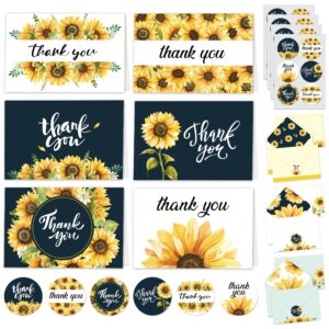 24 pack sunflower thank you cards with envelopes & stickers - 6 designs blank inside thank you cards sunflower wedding thank you cards with envelopes, 6x4" bridal shower thank you cards rustic