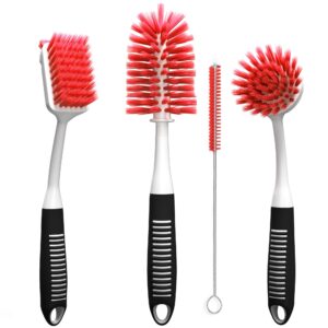 dish brush set of 4 with bottle water brush, dish scrub brush, scrubber brush and straw brush - kitchen scrub brushes ergonomic non slip long handle for cleaning cleaner wash dish sink dishes cup pot