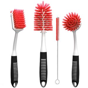 Dish Brush Set of 4 with Bottle Water Brush, Dish Scrub Brush, Scrubber Brush and Straw Brush - Kitchen Scrub Brushes Ergonomic Non Slip Long Handle for Cleaning Cleaner Wash Dish Sink Dishes Cup Pot