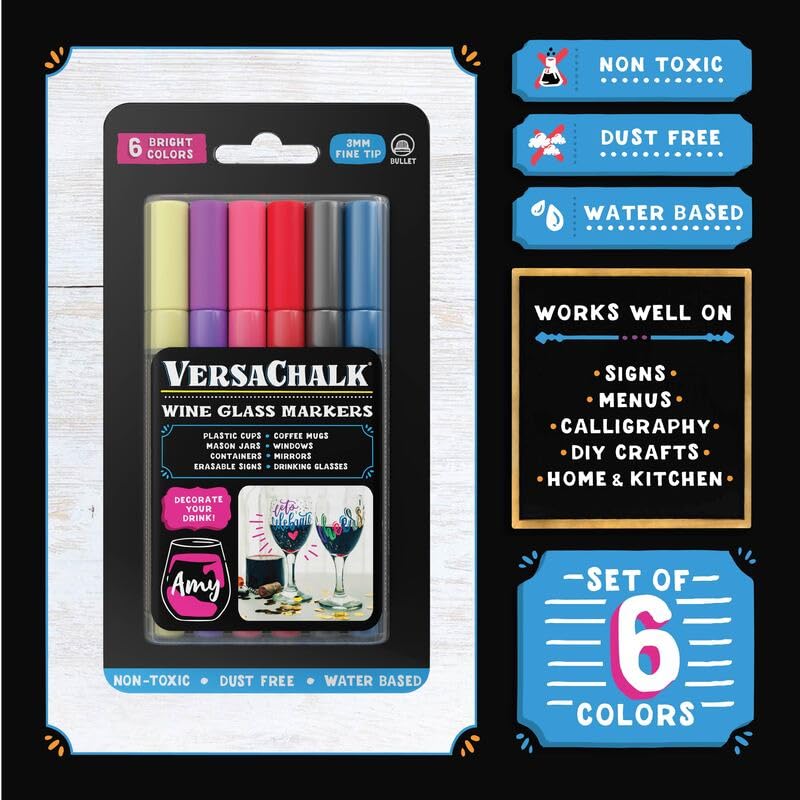 VersaChalk Washable Wine Glass Pens 6 Vibrant Erasable Colors to Write on Party Cups, Drink Glasses, Beer Mugs, Clear Plastic Jars, Windows, and Mirrors