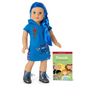 american girl truly me 18-inch doll #90 with blue eyes, long blue hair, and lt-to-med skin in skater dress, for ages 6+