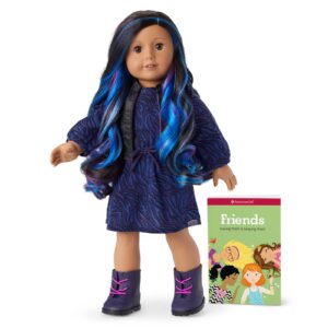 american girl truly me 18-inch doll #92 with brown eyes, black-brown hair with highlights and tan skin in dress, for ages 6+