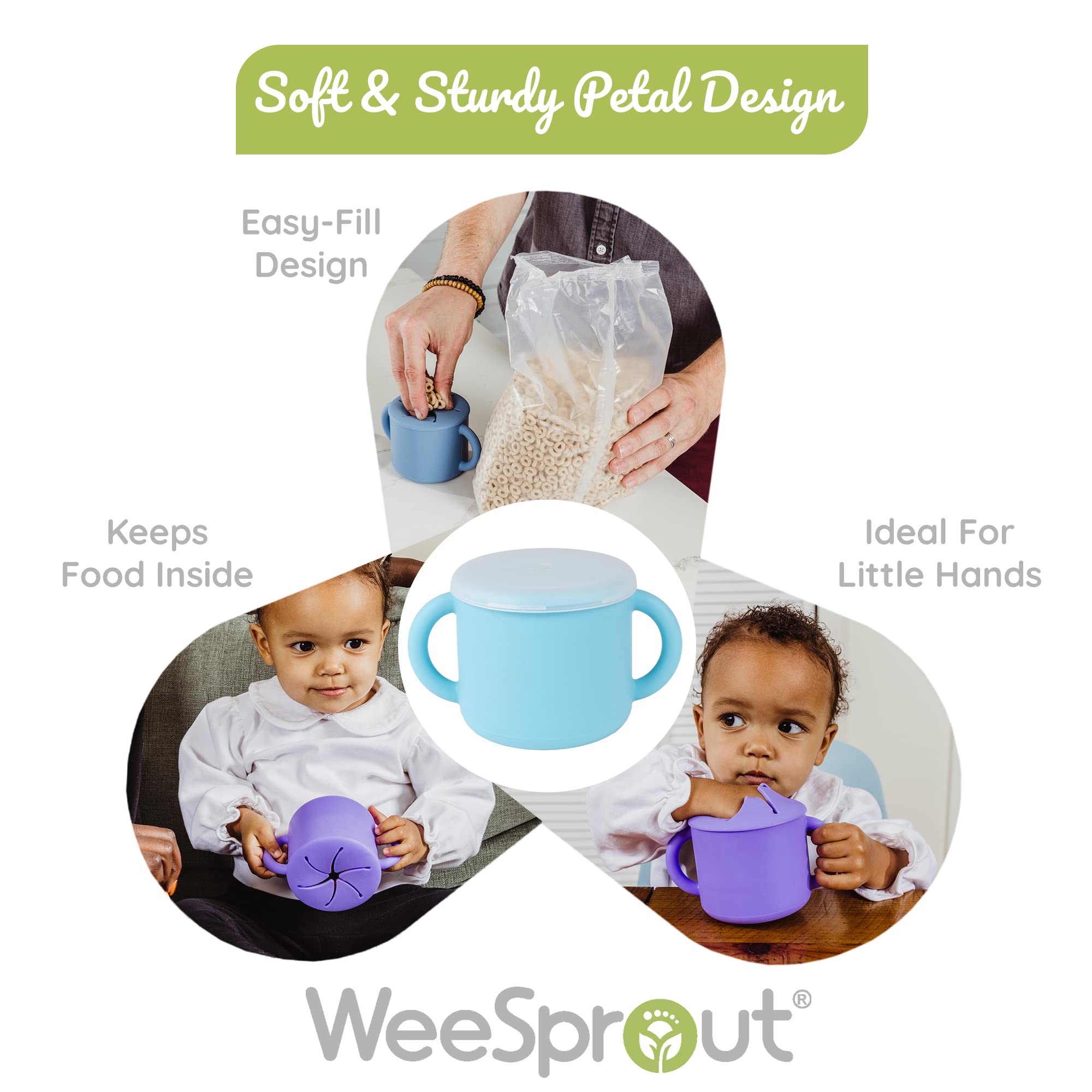 WeeSprout Snack Containers, Food Grade Silicone Cups, Spill-Proof Tops For Toddlers and Babies, Premium Hard Plastic Travel Lids, Dishwasher Safe, Set of 2 Snack Catchers