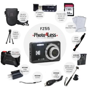 Kodak PIXPRO FZ55 Digital Camera (Black) + 32GB Memory Card + Point and Shoot Camera Case + Extendable Monopod + Lens Cleaning Pen + LCD Screen Protectors + Table Top Tripod – Ultimate Bundle