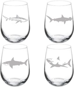mip set of 4 wine glass goblet sharks (17 oz stemless)