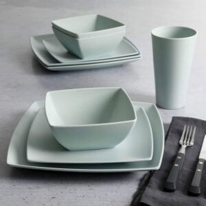 Gibson Home Soho Grayson Square Melamine Everyday 16 Piece Reactive Glaze Dinnerware Set Plates, Bowls, and Cups, Dishwasher Safe, Mint Green (2 Pack)