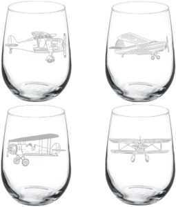 mip set of 4 wine glass goblet aviation airplanes (17 oz stemless)