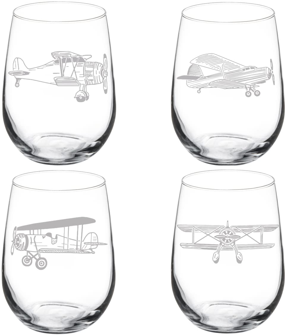 MIP Set of 4 Wine Glass Goblet Aviation Airplanes (17 oz Stemless)