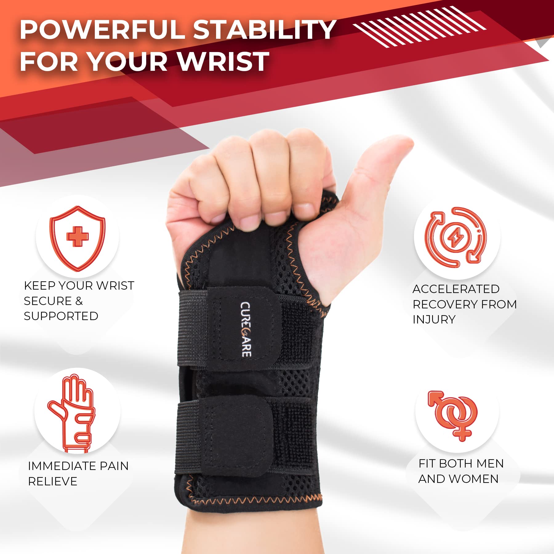 CURECARE Carpal Tunnel Wrist Brace, Breathable Wrist Splint for Men & Women, Wrist Brace Night Support with 2 Adjustable Straps, Hand Brace for Tendonitis, Arthritis, Sprains(Right Hand, S/M)