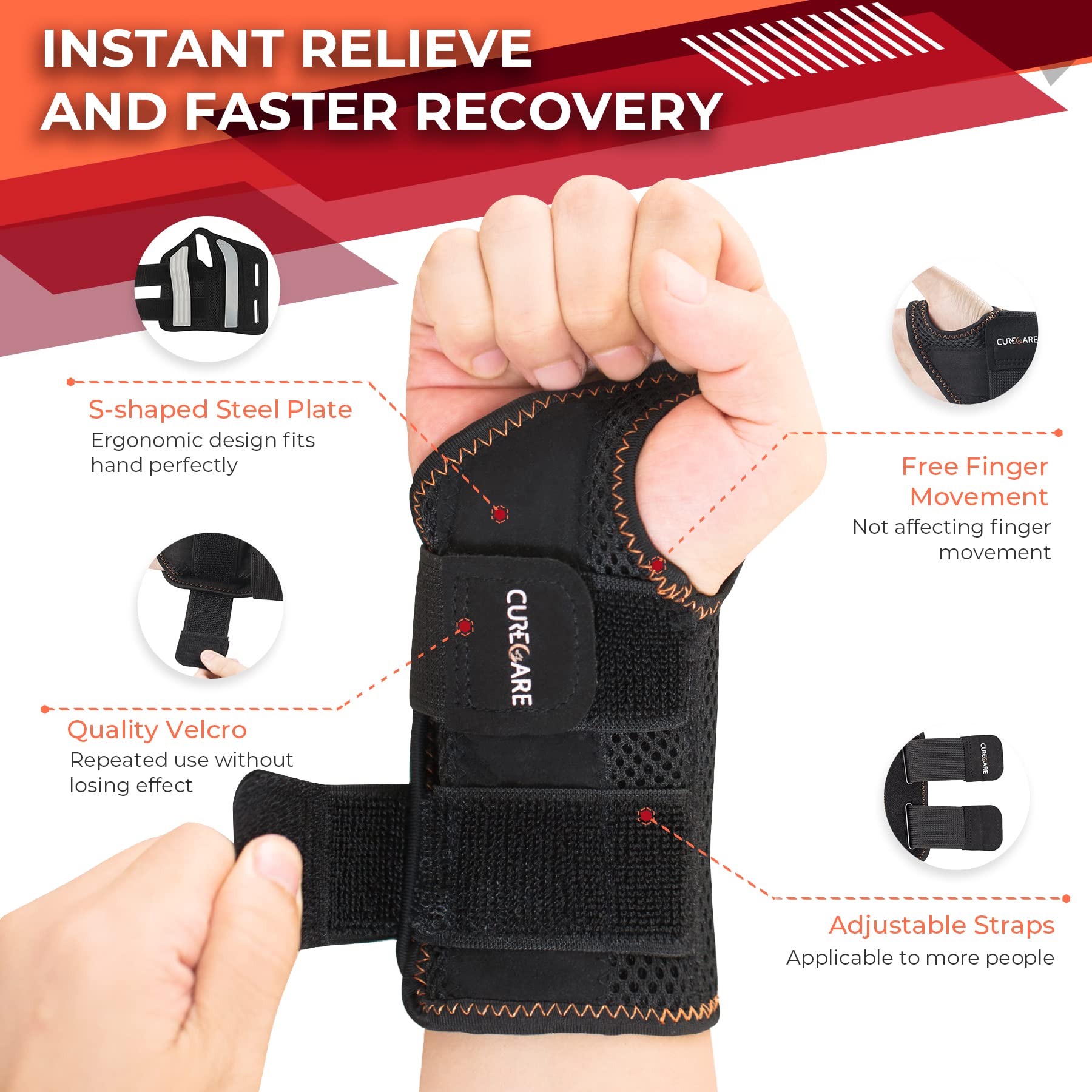 CURECARE Carpal Tunnel Wrist Brace, Breathable Wrist Splint for Men & Women, Wrist Brace Night Support with 2 Adjustable Straps, Hand Brace for Tendonitis, Arthritis, Sprains(Right Hand, S/M)