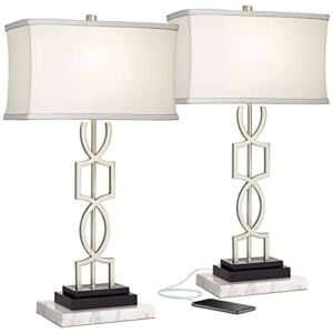 360 lighting evan modern table lamps with white marble risers usb charging port 28 1/2" tall set of 2 brushed nickel rectangular shade for bedroom living bedside nightstand home office desk