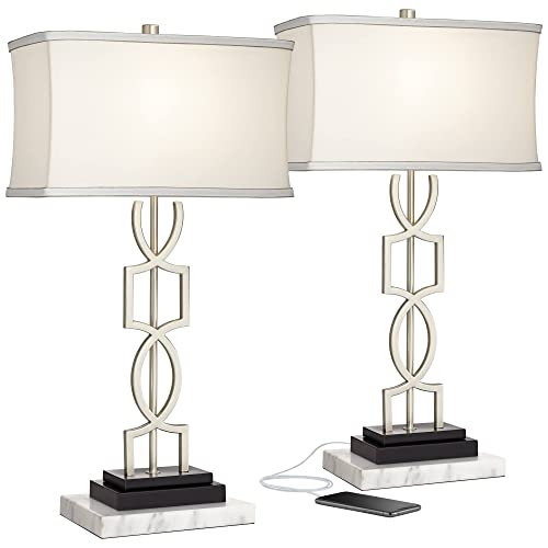 360 Lighting Evan Modern Table Lamps with White Marble Risers USB Charging Port 28 1/2" Tall Set of 2 Brushed Nickel Rectangular Shade for Bedroom Living Bedside Nightstand Home Office Desk