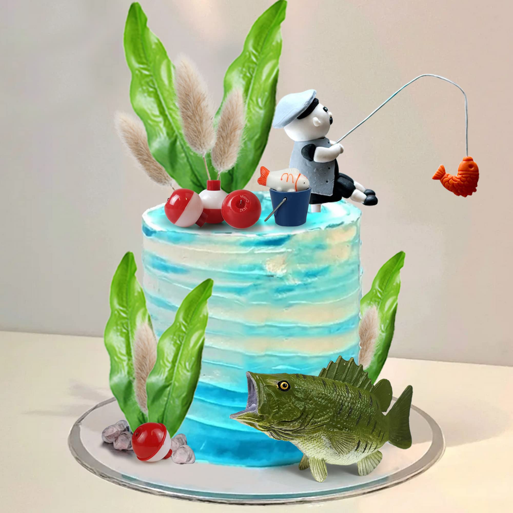 24PCS Gone Fishing Cake Topper Fisherman Fish Cake Decoration for Catching the Big One Birthday Theme Party Supplies