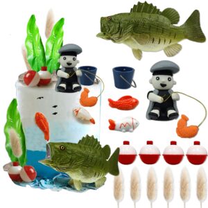 24PCS Gone Fishing Cake Topper Fisherman Fish Cake Decoration for Catching the Big One Birthday Theme Party Supplies