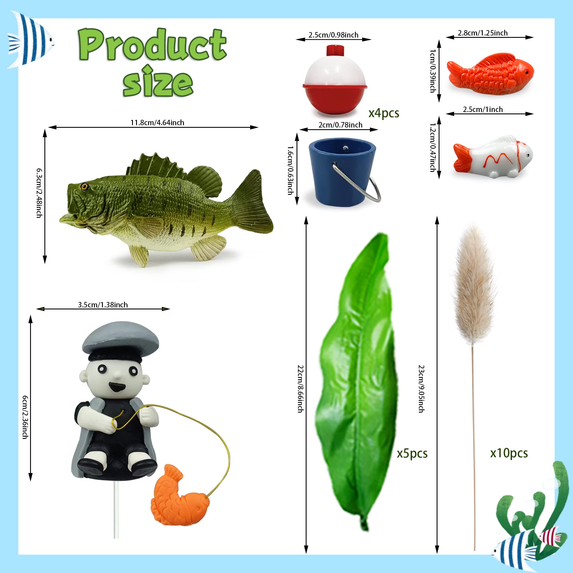 24PCS Gone Fishing Cake Topper Fisherman Fish Cake Decoration for Catching the Big One Birthday Theme Party Supplies