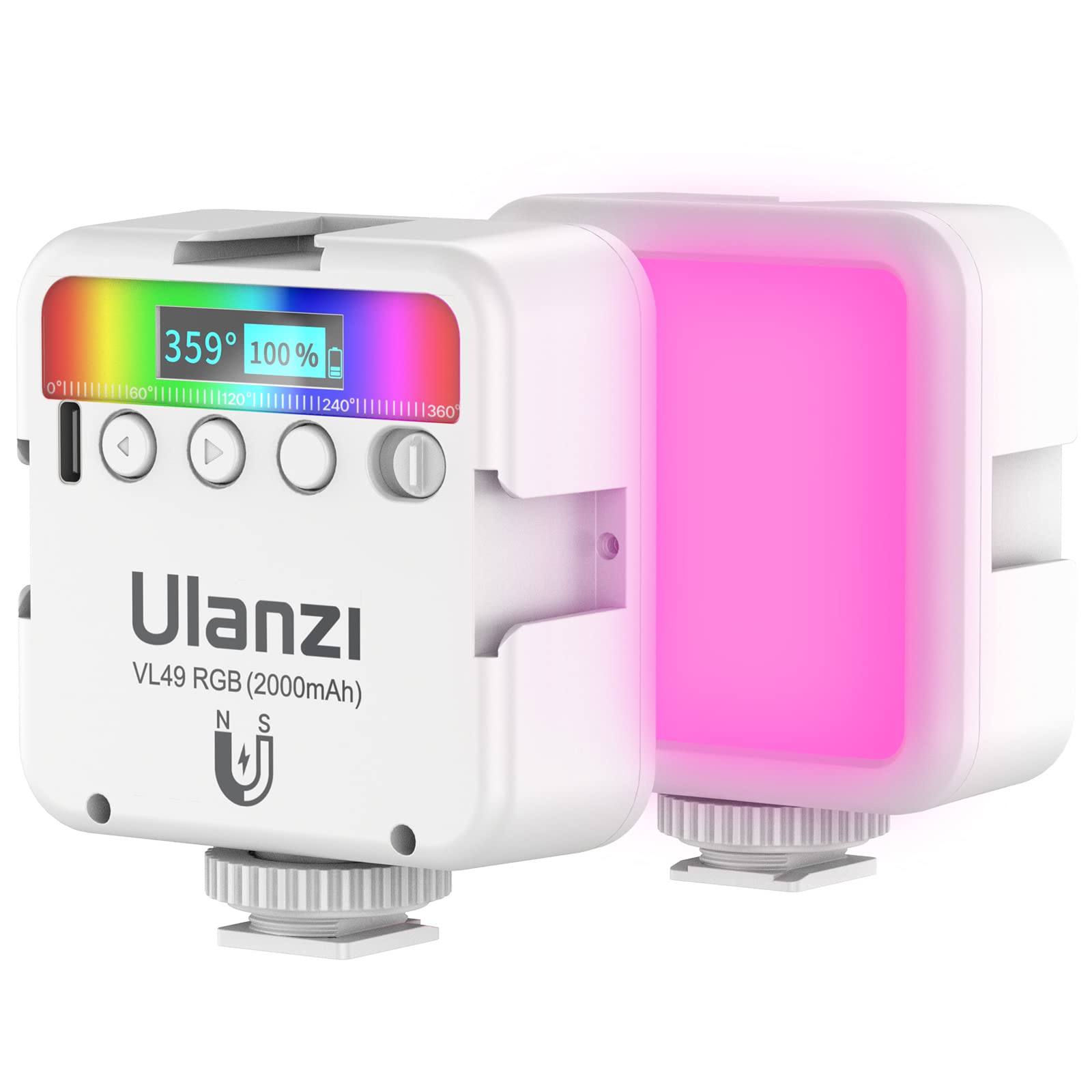 ULANZI VL49 RGB Video Lights White, LED Camera Light 360° Full Color Portable Photography Lighting w 3 Cold Shoe, 2000mAh Rechargeable CRI 95+ 2500-9000K Lamp Support Magnetic Attraction
