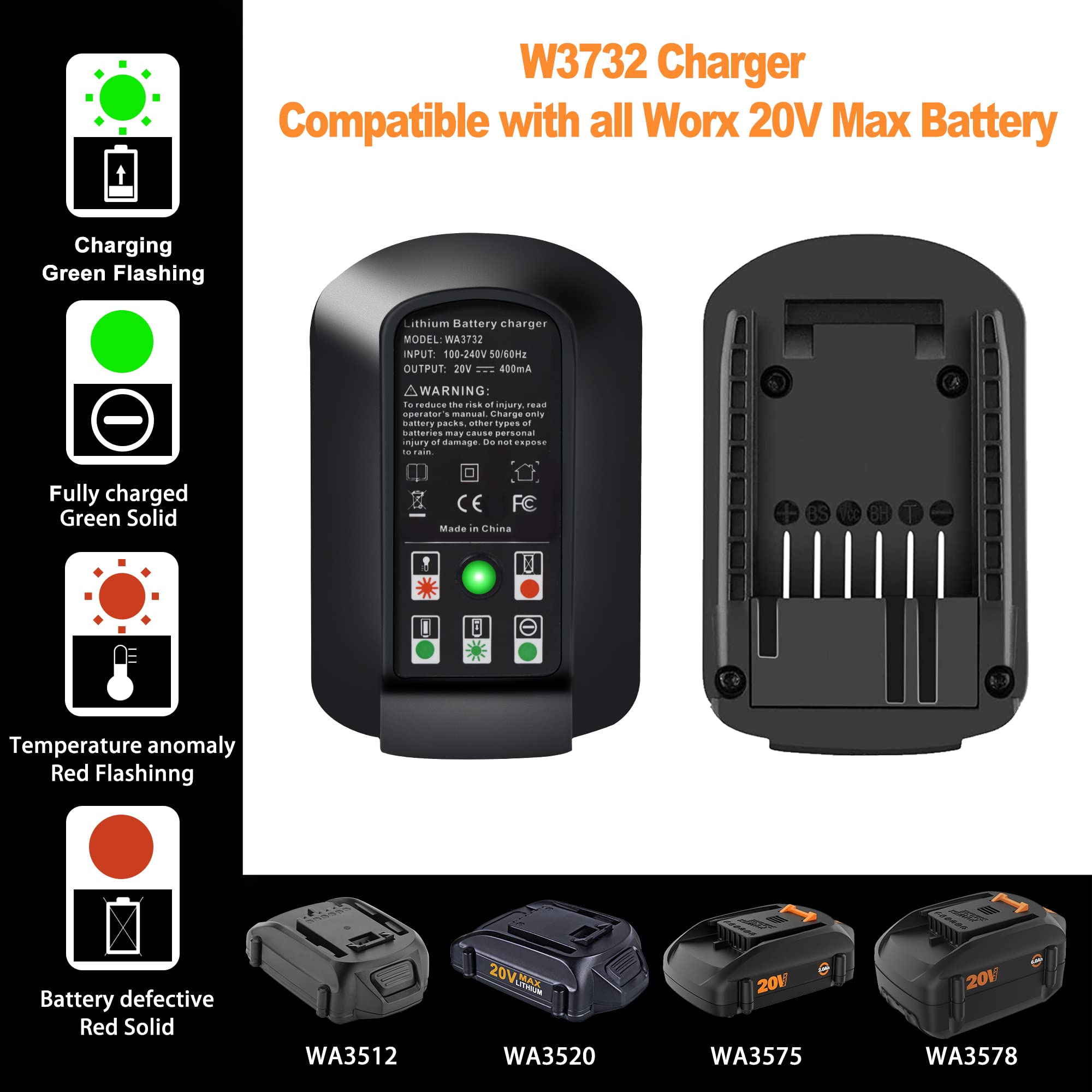 CHAUNVEN 3.0Ah Replacement for Worx 20V Battery and Charger Kit Compatible with Worx 20 Volt Cordless Power Tools