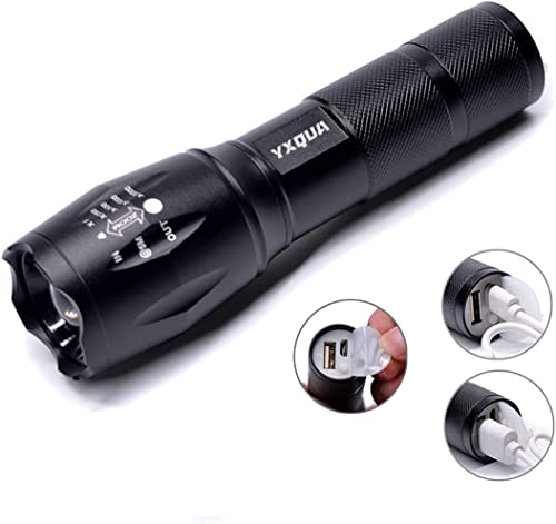 YXQUA USB Rechargeable Flashlights, 8381 High Lumens Lights, 3 Modes, Zoomable & Waterproof Super Bright Flash Light for Camping, Hiking, Emergency Hurricane(5.1 in)