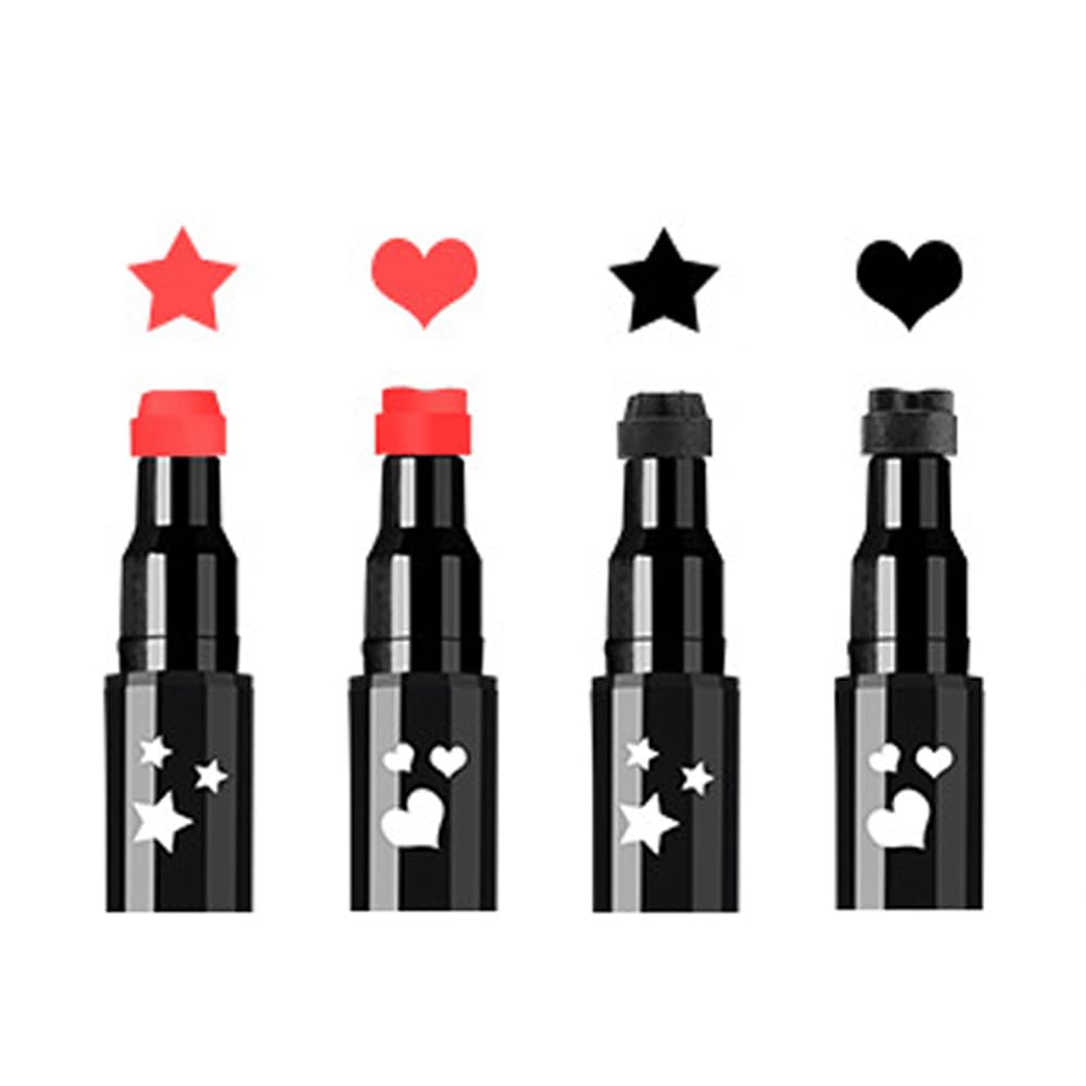 Red & Black Liquid Eyeliner and Heart Star Stamp Set│4 PCs Winged Eye Liners and Fun Shapes Stamps, Dual ended 2-in-1 Eye Makeup Pen