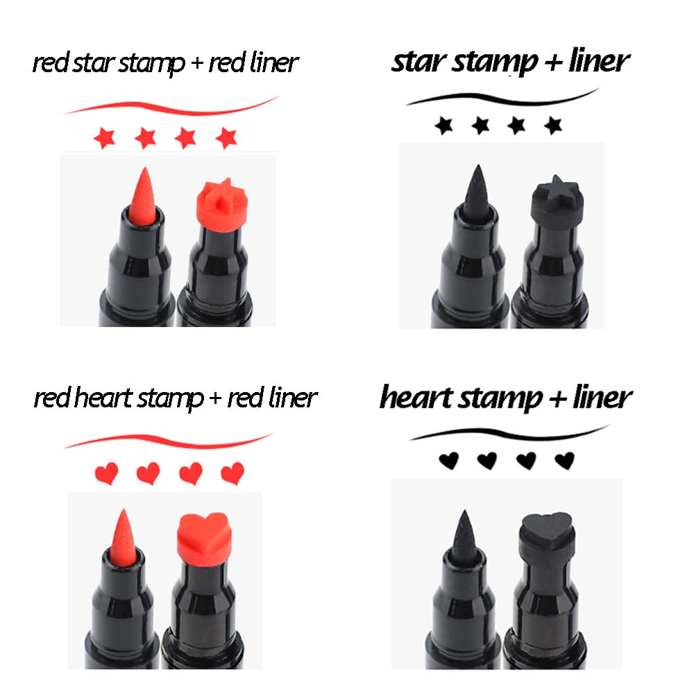 Red & Black Liquid Eyeliner and Heart Star Stamp Set│4 PCs Winged Eye Liners and Fun Shapes Stamps, Dual ended 2-in-1 Eye Makeup Pen