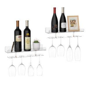 hexsonhoma 16.5'' wall mount wine rack with glass holder, hanging wine glass rack, clear acrylic wall bar shelf for wine, glass, plants, pictures, corkscrews