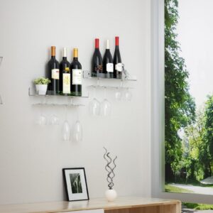 Hexsonhoma 16.5'' Wall Mount Wine Rack with Glass Holder, Hanging Wine Glass Rack, Clear Acrylic Wall Bar Shelf for Wine, Glass, Plants, Pictures, Corkscrews