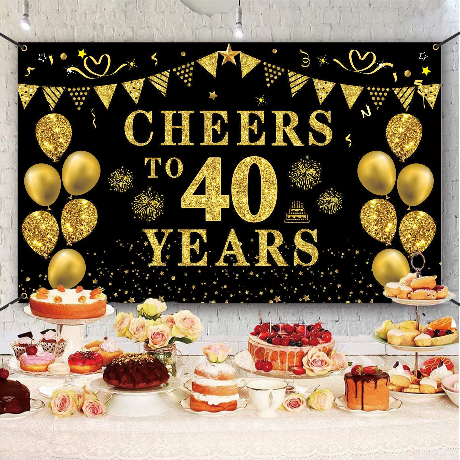 Trgowaul 40th Birthday Decorations for Women Men, Cheers to 40 Years Banner, Black and Gold 40th Birthday Backdrop, 40th Wedding Anniversary Decorations Party Banner Photography Supplies Background