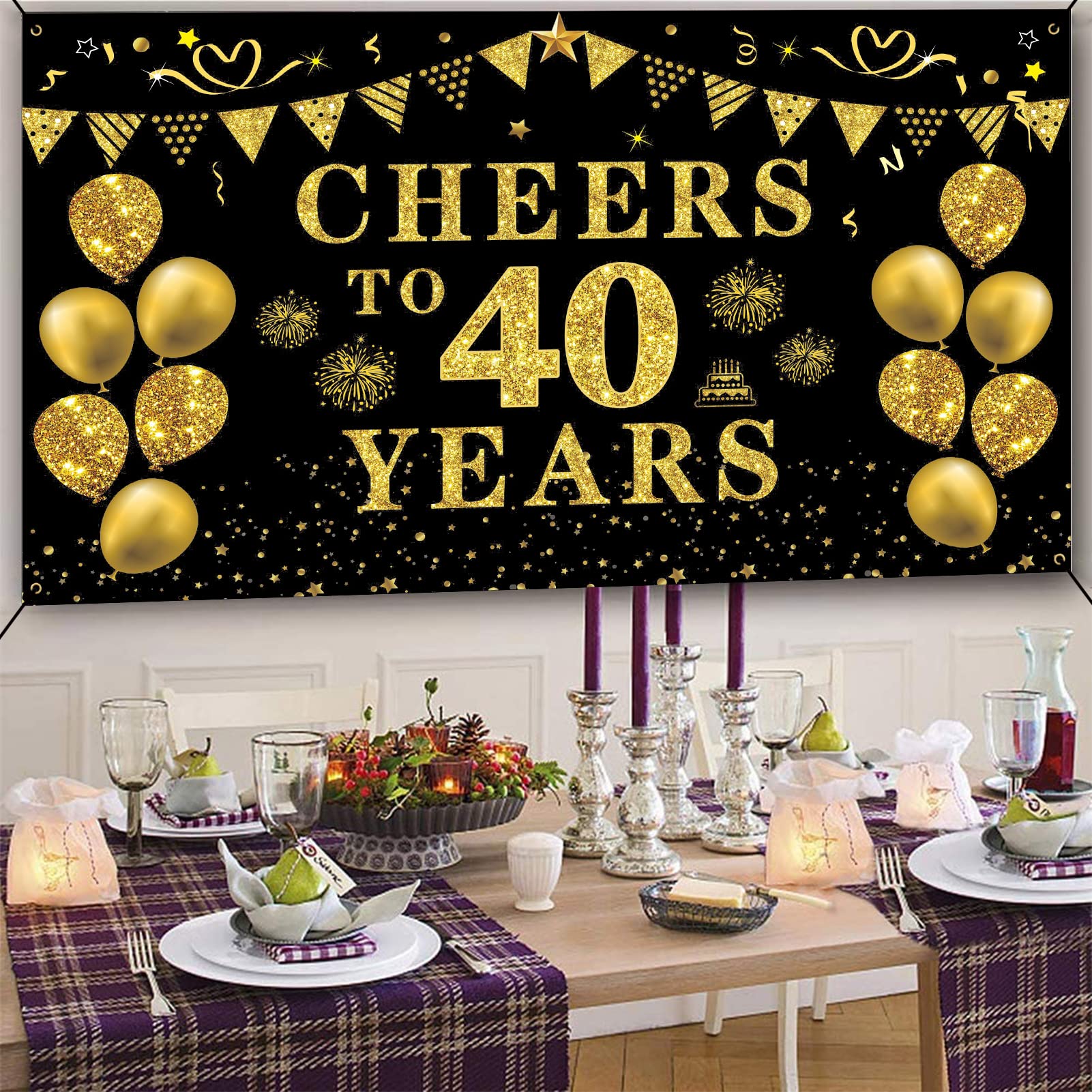 Trgowaul 40th Birthday Decorations for Women Men, Cheers to 40 Years Banner, Black and Gold 40th Birthday Backdrop, 40th Wedding Anniversary Decorations Party Banner Photography Supplies Background