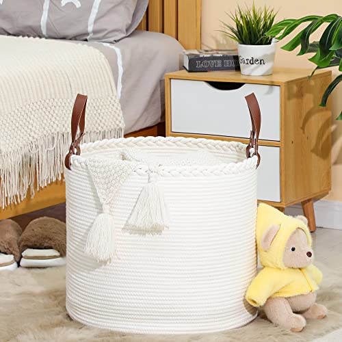 KAKAMAY Woven Baskets for Storage,Large Cotton Rope Basket Woven Baby Laundry Hamper,Collapsible Laundry Basket, Blanket Basket for Organizing Living Room,Nursery,Clothes,Toy chest (Black)