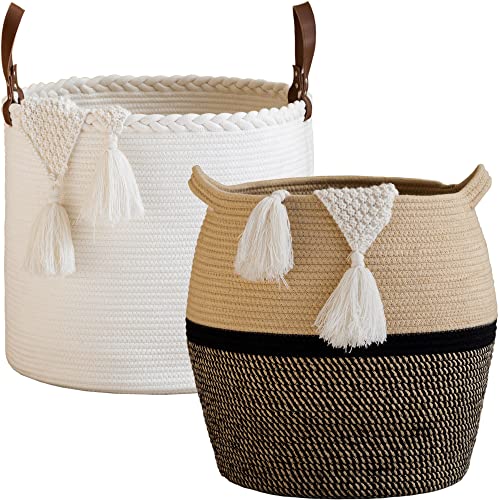 KAKAMAY Woven Baskets for Storage,Large Cotton Rope Basket Woven Baby Laundry Hamper,Collapsible Laundry Basket, Blanket Basket for Organizing Living Room,Nursery,Clothes,Toy chest (Black)