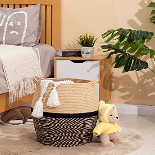 KAKAMAY Woven Baskets for Storage,Large Cotton Rope Basket Woven Baby Laundry Hamper,Collapsible Laundry Basket, Blanket Basket for Organizing Living Room,Nursery,Clothes,Toy chest (Black)