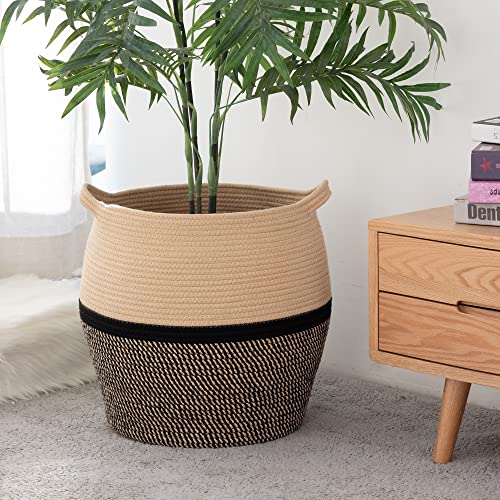 KAKAMAY Woven Baskets for Storage,Large Cotton Rope Basket Woven Baby Laundry Hamper,Collapsible Laundry Basket, Blanket Basket for Organizing Living Room,Nursery,Clothes,Toy chest (Black)