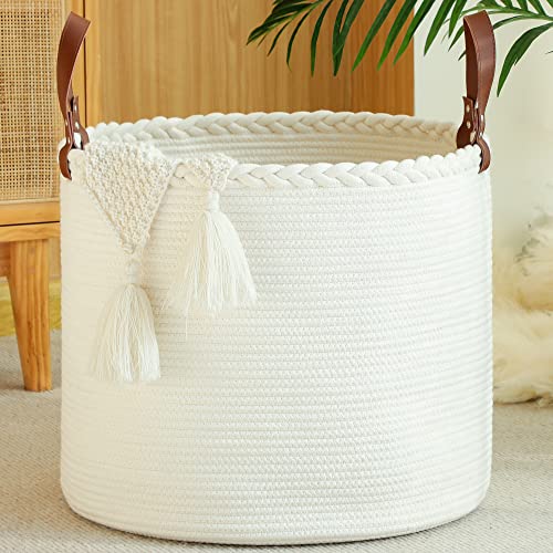 KAKAMAY Woven Baskets for Storage,Large Cotton Rope Basket Woven Baby Laundry Hamper,Collapsible Laundry Basket, Blanket Basket for Organizing Living Room,Nursery,Clothes,Toy chest (Black)