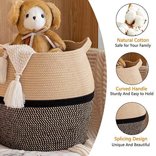 KAKAMAY Woven Baskets for Storage,Large Cotton Rope Basket Woven Baby Laundry Hamper,Collapsible Laundry Basket, Blanket Basket for Organizing Living Room,Nursery,Clothes,Toy chest (Black)